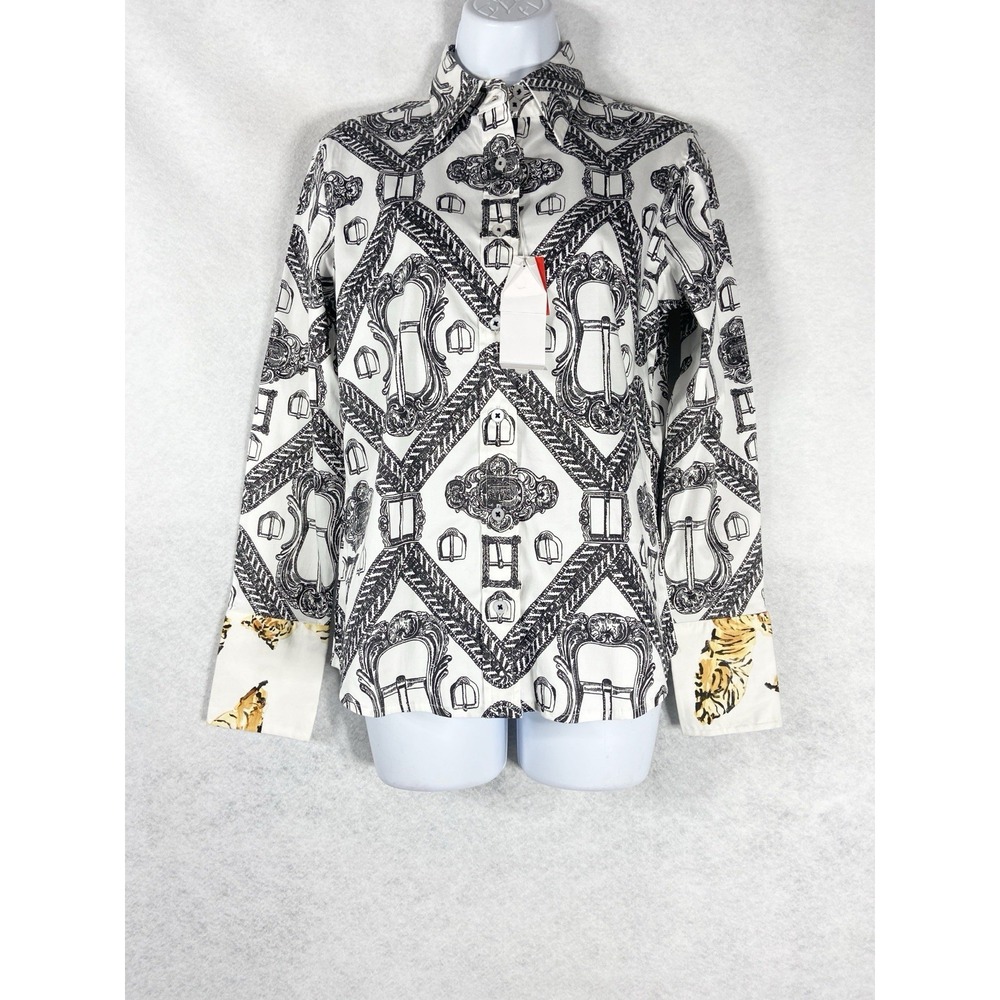 Dizzy Lizzy Tizzie Shirt Women's XS White Black Buckle Print Button Up Artsy New